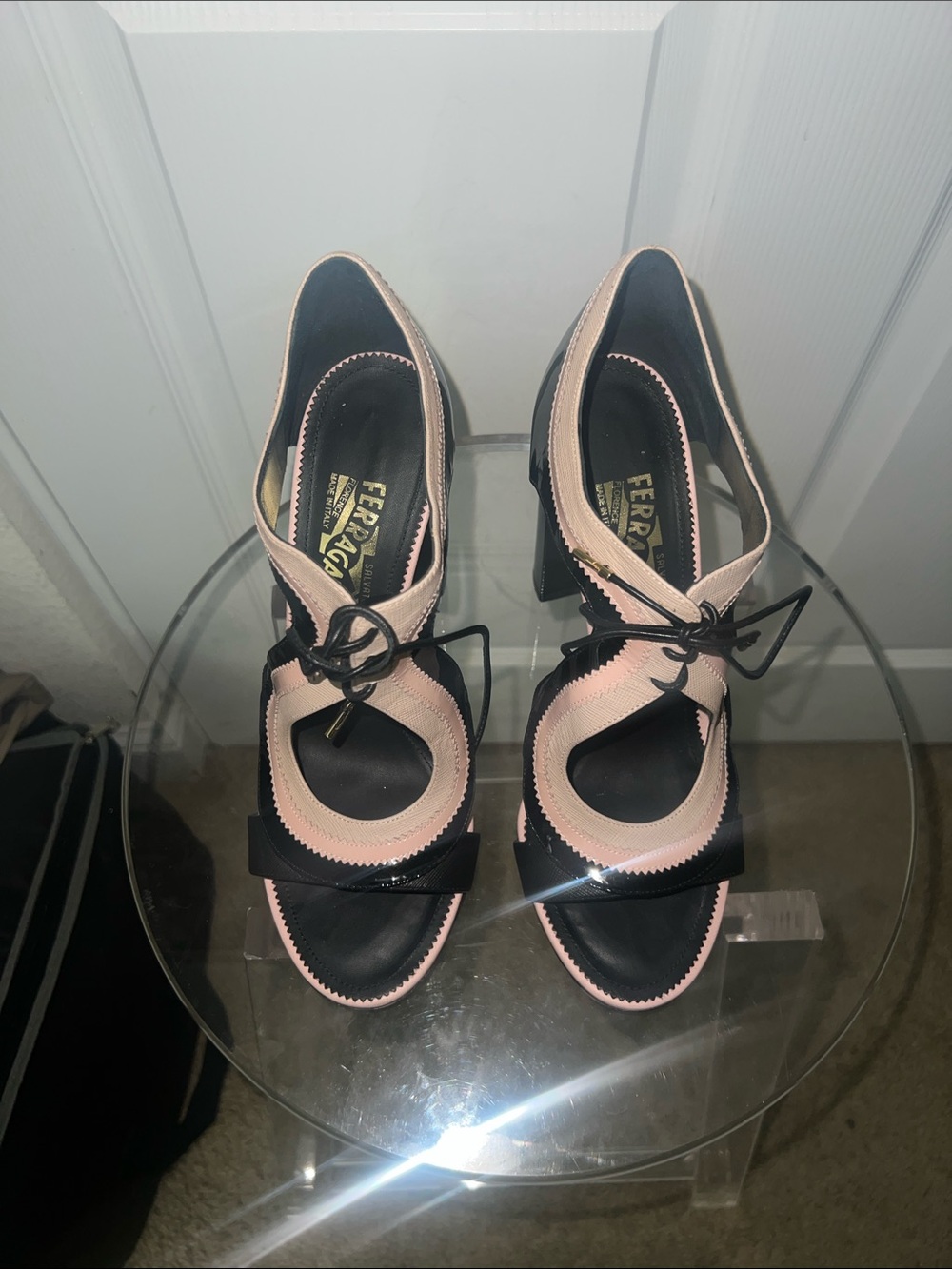Salvatore Ferragamo Pink and Black Lace-Up Block Heel Sandals